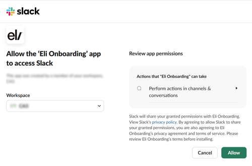 Screenshot slowing Eli app permissions required for Slack